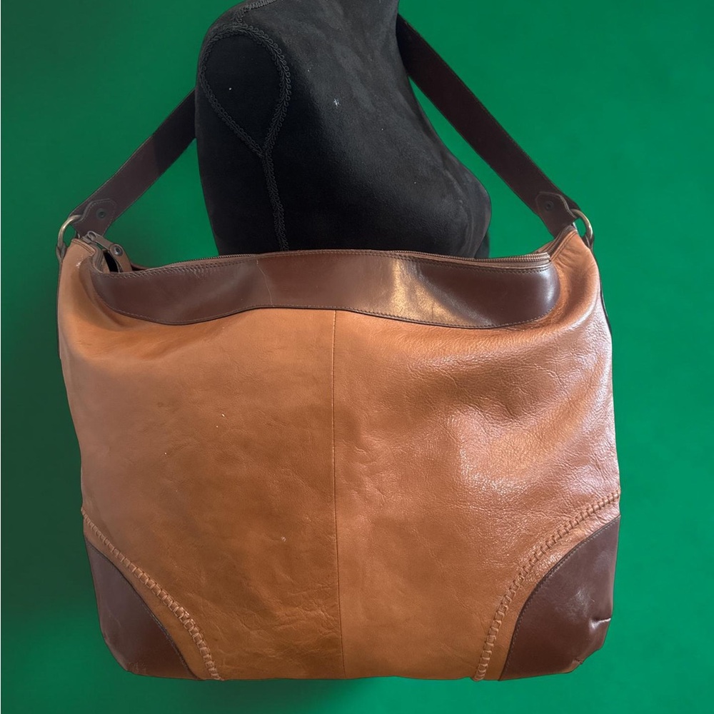 Vintage Burdines Two Tone Brown Very Large Leather Shoulder Bag Made In Italy !! - Picture 6 of 12